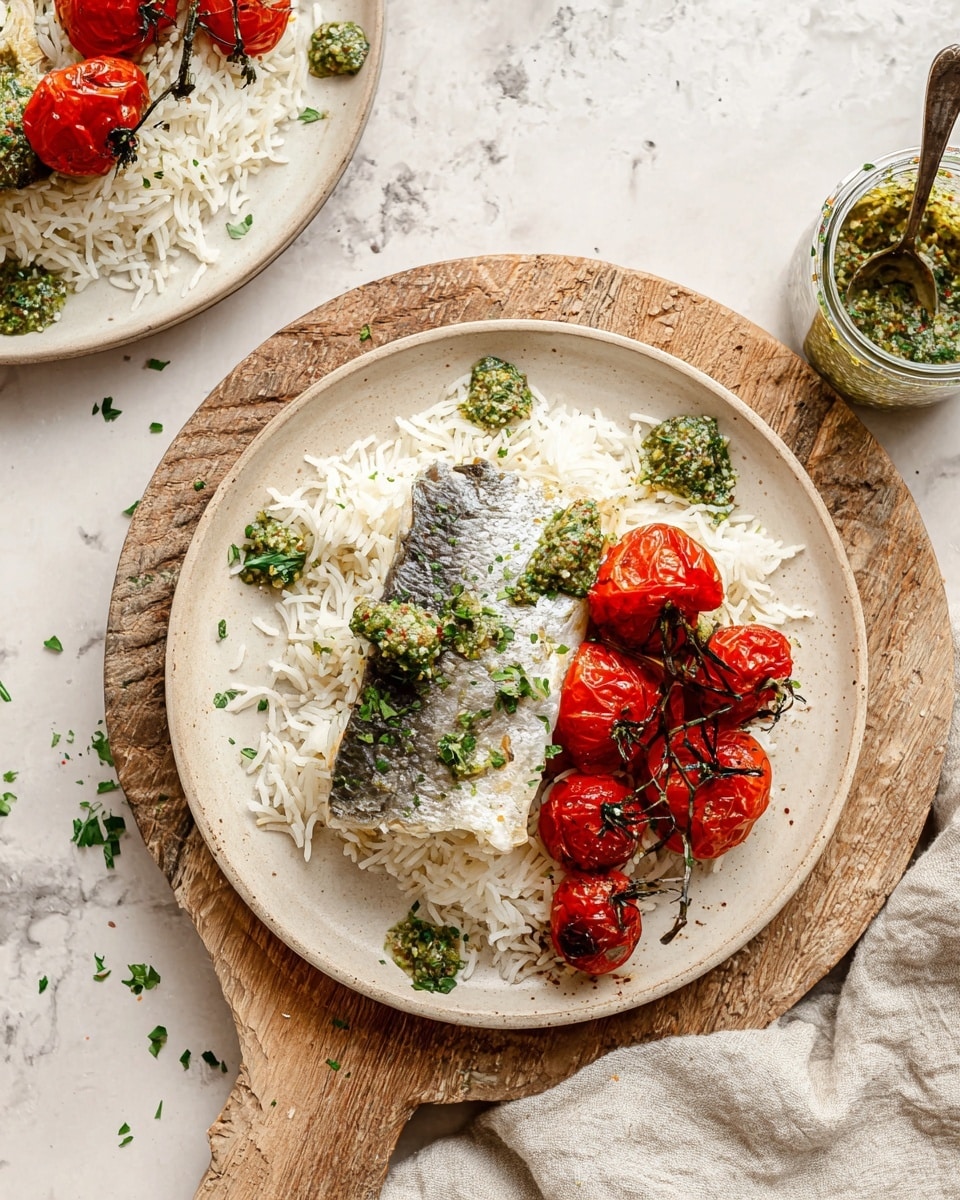 A light beige round plate holds a bed of fluffy white rice, covering the whole base. On top, there is one large piece of cooked fish with silvery skin, placed slightly off-center. To the right of the fish, a bunch of bright red roasted cherry tomatoes on the vine adds a pop of color and texture. Small dollops of green herb sauce are scattered over the fish, tomatoes, and rice, with fresh green herbs sprinkled lightly around. The plate sits on a rustic wooden board, all set against a white marbled surface. Nearby, there is a small glass jar with some of the green sauce and a spoon inside, along with parts of another similar plate and a beige cloth. photo taken with an iphone --ar 4:5 --v 7