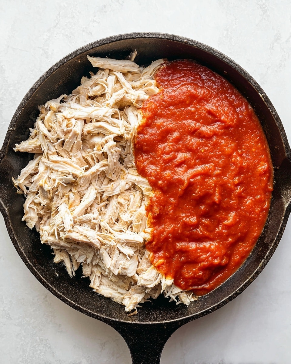 The image shows a black cast iron pan placed on a white marbled surface. Inside the pan, on the left side, there is shredded cooked chicken in light cream and beige colors with a tender, fibrous texture. On the right side, there is a thick, smooth red sauce with a vibrant tomato color that partially covers some of the shredded chicken. The contrast between the pale chicken and the bright red sauce is clear, filling the pan halfway each, with no other ingredients visible. Photo taken with an iphone --ar 4:5 --v 7
