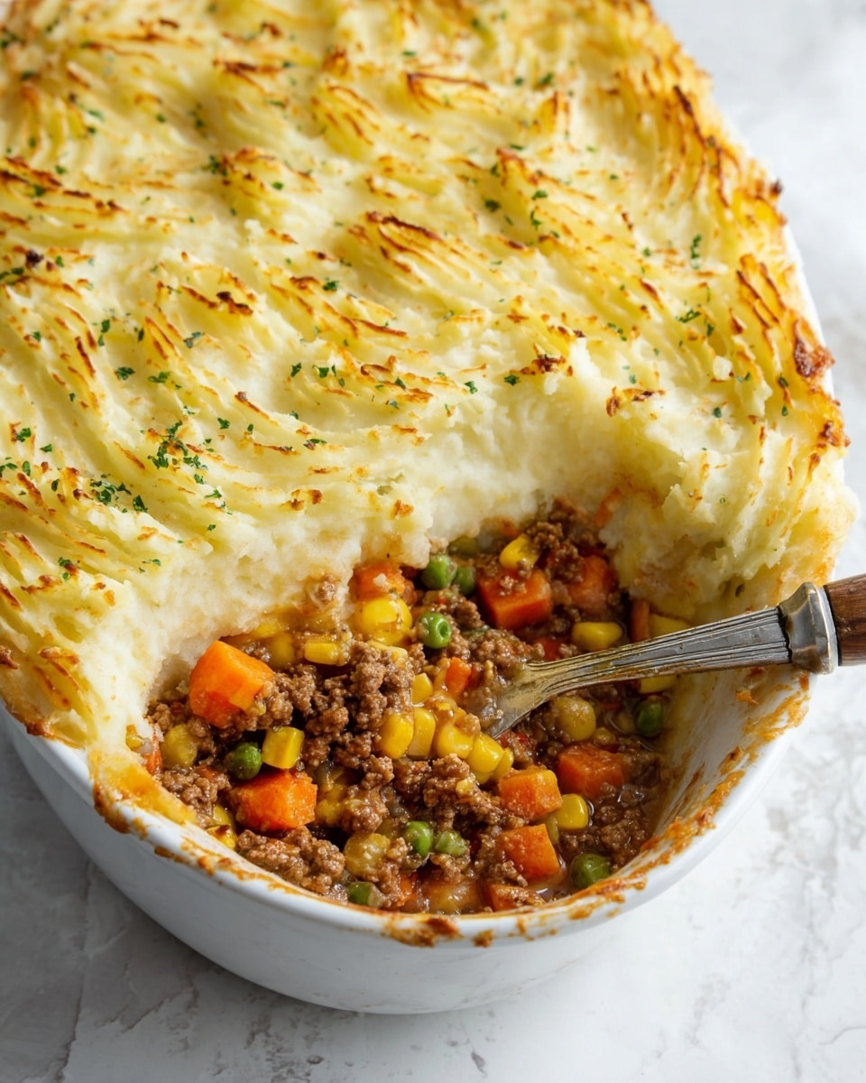 The image shows a white oval dish filled with a shepherd's pie, having two main layers. The top layer is golden brown mashed potatoes with a textured, wavy pattern and some small green herb sprinkles, giving it a slightly crispy look. The bottom layer is a colorful mixture of brown ground meat with bright orange carrot cubes, yellow corn kernels, and green peas. A silver spoon with a wooden handle is scooping out some of the pie, revealing the filling and the layers clearly. The dish is placed on a white marbled surface. photo taken with an iphone --ar 4:5 --v 7
