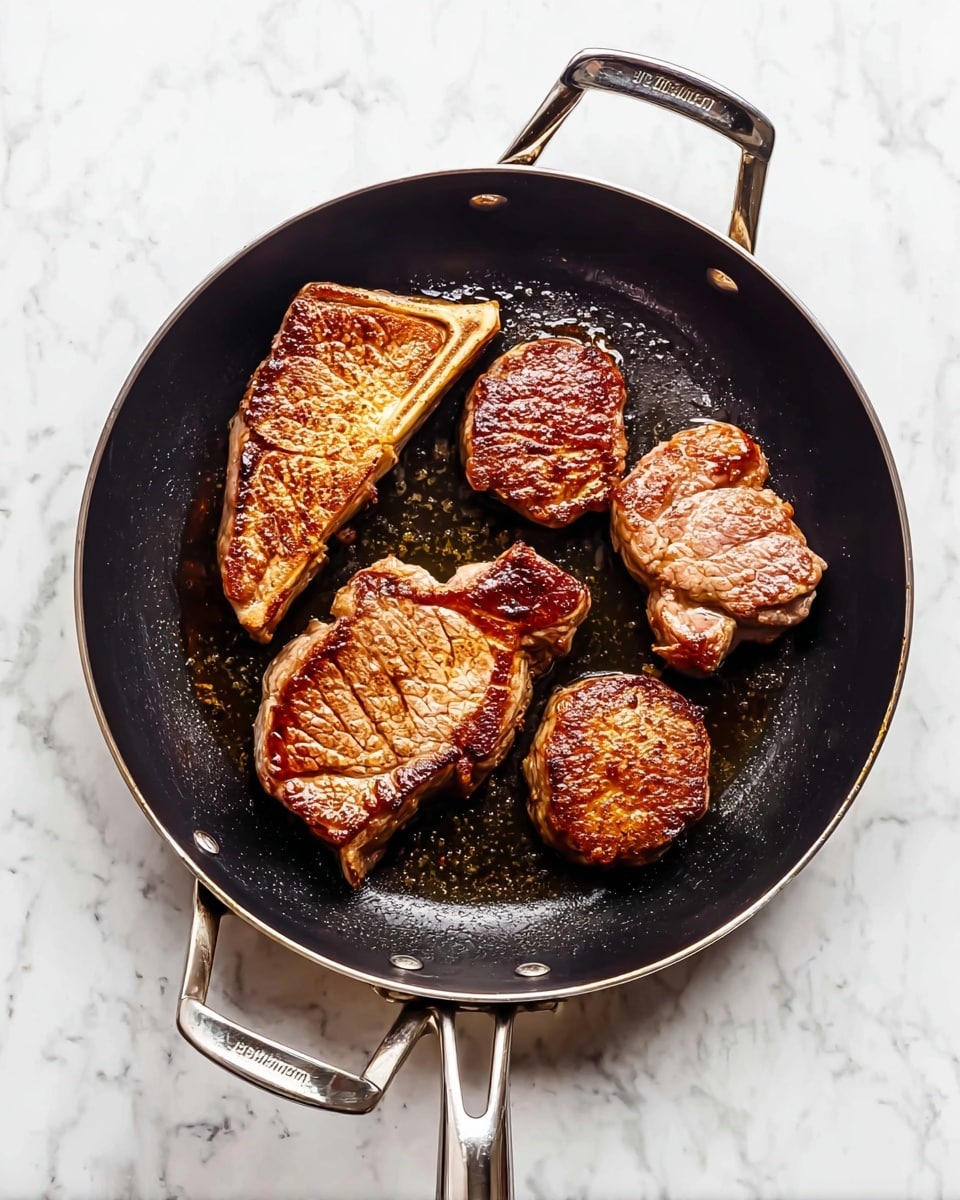 A black frying pan with two metal handles sits on a white marbled surface. Inside the pan, there are four pieces of cooked meat, each with a browned, slightly crispy surface. Two larger pieces with bones are on the left side, one triangular and the other rectangular, showing grill marks and a golden-brown crust. On the right side, there are two smaller round pieces, also browned with a slightly seared texture. The pan has some oil glistening around the meat, highlighting the fresh cooking process. photo taken with an iphone --ar 4:5 --v 7