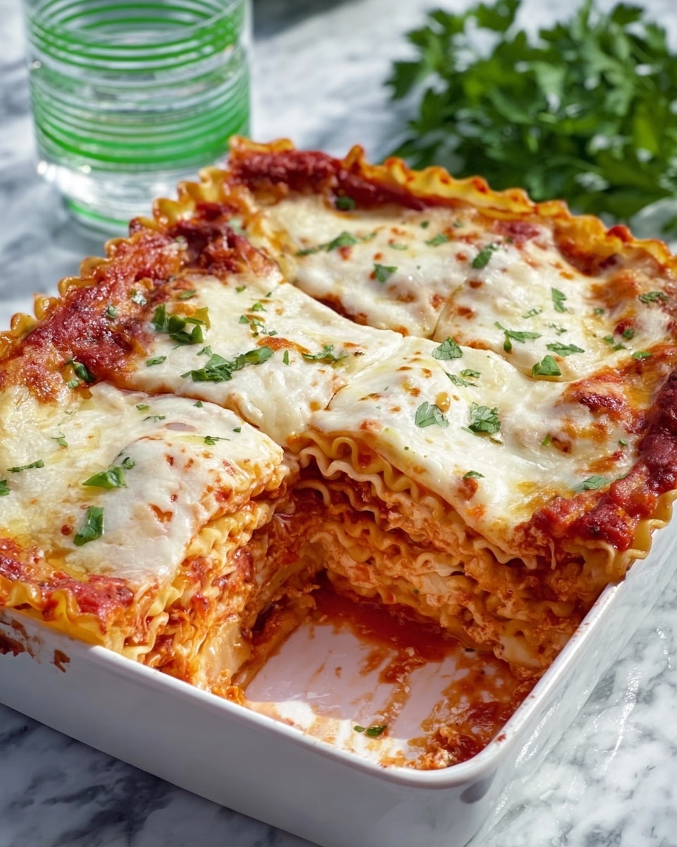 The image shows a white square baking dish filled with a layered lasagna. The top layer is melted, bubbly white cheese with hints of light golden browning and scattered small green herb pieces for garnish. Below the cheese is a thick layer of bright red tomato sauce mixed with melted cheese. The layers under the sauce include wavy-edged pasta sheets and a creamy, light pinkish filling, all stacked evenly. A large piece has been removed, revealing multiple visible layers of pasta, sauce, and cheese inside. The dish sits on a white marbled surface with a glass of water with green stripes and fresh green parsley leaves in the background. photo taken with an iphone --ar 4:5 --v 7