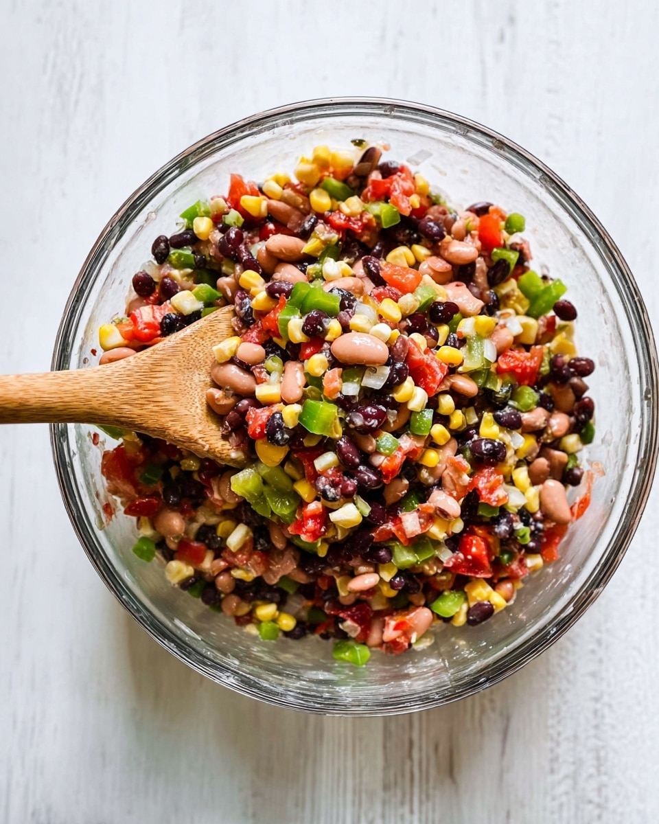A clear glass bowl filled with a colorful mix of beans, diced green bell peppers, corn kernels, chopped tomatoes, and small bits of white onion, all stirred together with a wooden spoon positioned inside the bowl. The beans are a mix of black and light brown colors, while the vegetables add yellow, green, red, and white splashes, creating a vibrant, fresh look. The bowl sits on a white marbled textured surface. Photo taken with an iphone --ar 4:5 --v 7