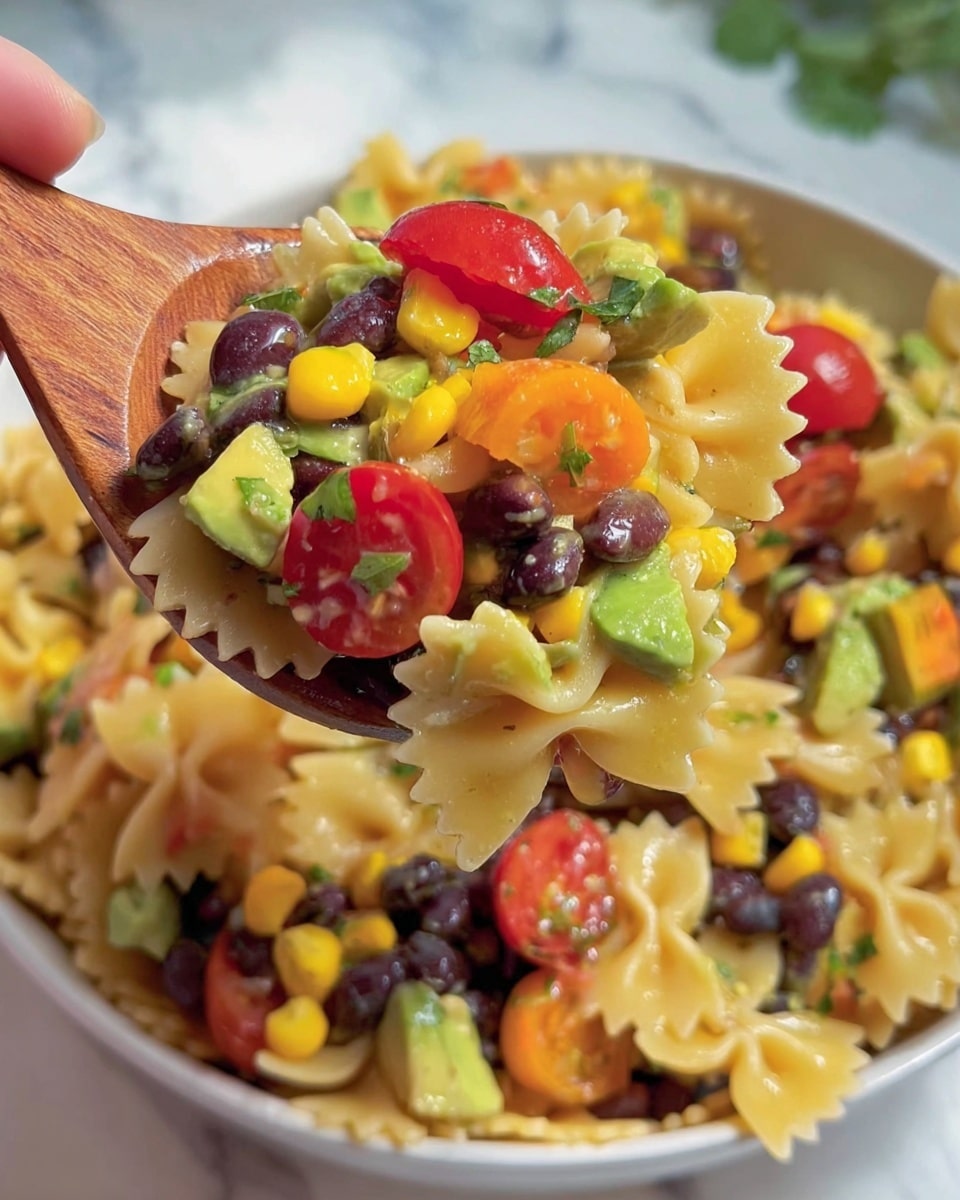 This image shows a wooden spoon full of colorful pasta salad being lifted from a white bowl on a white marbled surface. The salad has three visible layers: the base layer is light yellow bow-tie pasta with a glossy texture, scattered evenly throughout. The second layer consists of black beans, bright yellow corn kernels, and diced green avocado, giving a mix of smooth and soft textures. The top layer holds vibrant red cherry tomato halves and small pieces of red and orange bell peppers, adding bright pops of color. The woman's hand holding the spoon is partially visible at the top left corner. The overall dish looks fresh and colorful with a mix of smooth, soft, and slightly firm textures, photo taken with an iphone --ar 4:5 --v 7