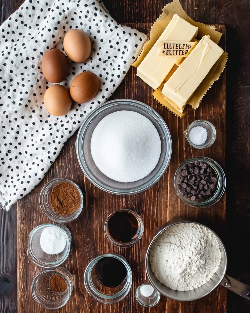 The image shows ingredients for baking laid out on a dark wooden surface with a white cloth with black dots on the top left. There are four eggs of mixed colors (dark brown and white) on the left side. In the center, there is a clear glass bowl filled with white sugar. Two sticks of butter wrapped in yellow paper are placed on the top right. To the right of the sugar bowl, there is a small glass cup with a dark liquid (vanilla extract) and three small glass containers with salt, baking soda, and another white powder. At the bottom right, there is a metal measuring cup filled with white flour and another metal measuring cup holding dark chocolate chips. At the bottom left, a white cup contains brown cocoa powder. The whole setup is on a dark brown wooden surface next to the white dotted cloth. photo taken with an iphone --ar 4:5 --v 7