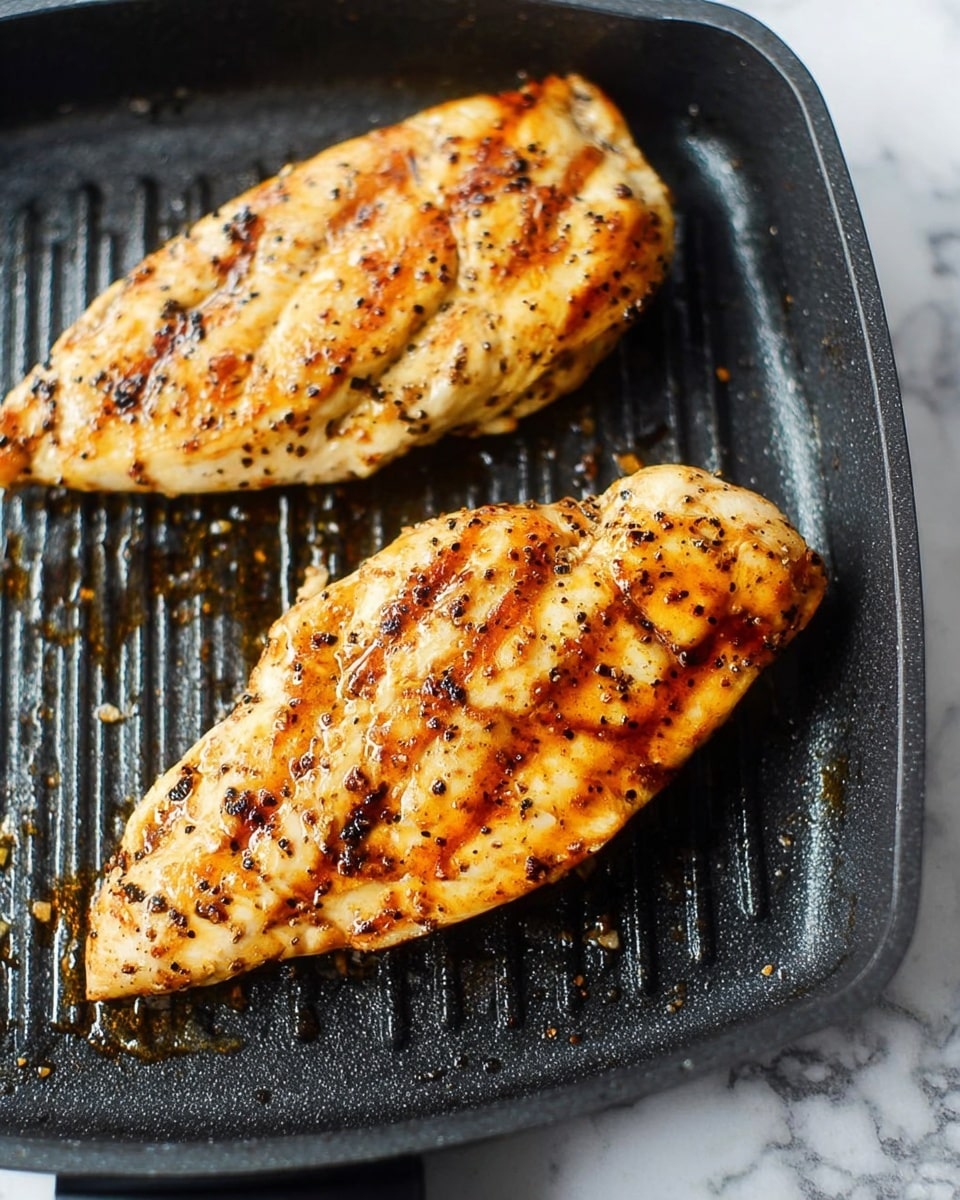 Two pieces of cooked chicken with a light golden-brown color and charred black pepper spots are on a black grill pan with ridges. The chicken pieces have a shiny glaze from cooking oil or sauce and show grill marks from the pan. The pan rests on a white marbled surface with some droplets of cooked oils and bits scattered around. photo taken with an iphone --ar 4:5 --v 7