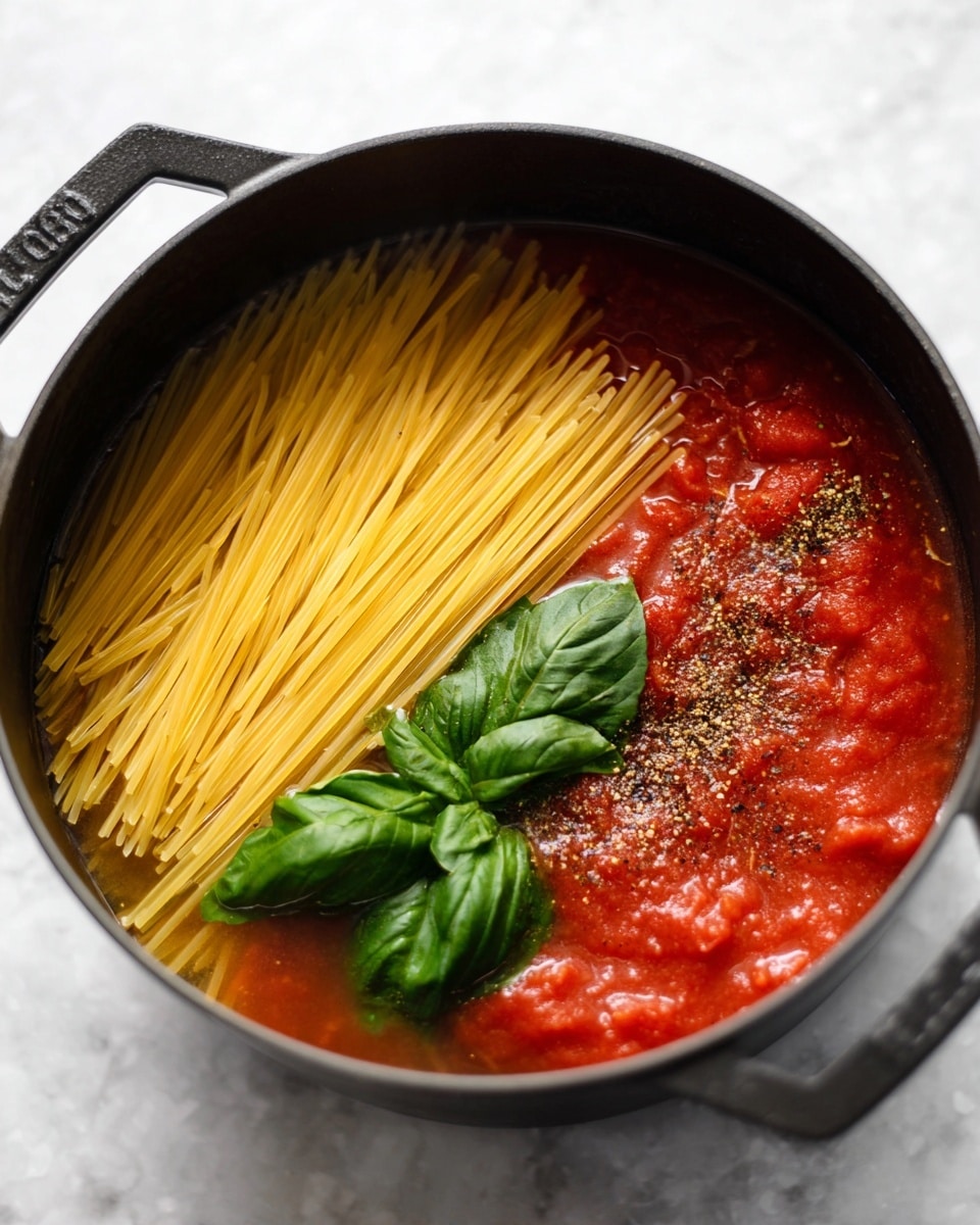 A black pot filled with uncooked yellow spaghetti noodles lying on the left, bright red tomato sauce with small dark spices spread on the right, two large fresh green basil leaves at the bottom left partially under the sauce, all covered partly with clear liquid broth; the pot is placed on a white marbled surface photo taken with an iphone --ar 4:5 --v 7