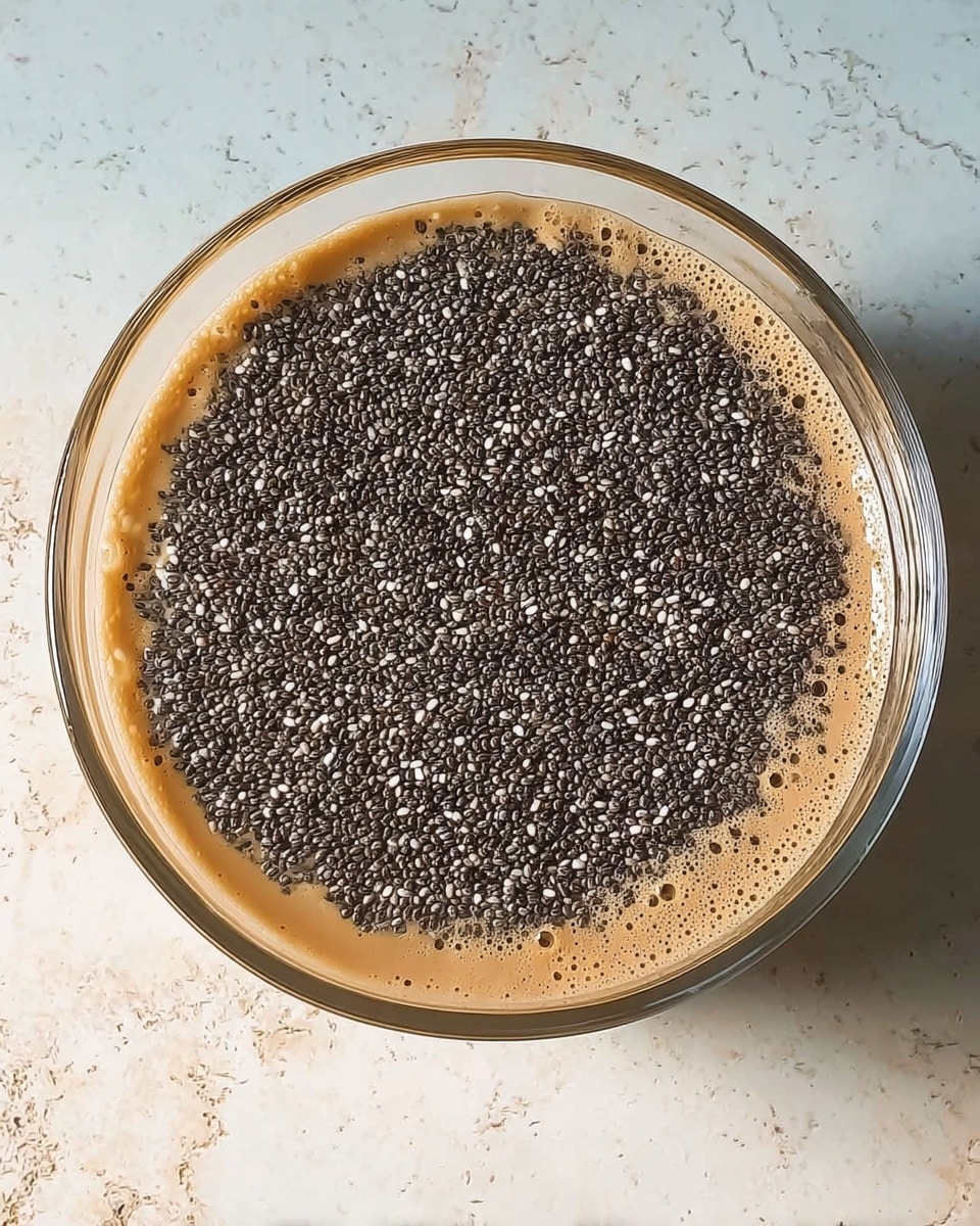 A clear glass bowl sits on a white marbled surface, filled with a light brown liquid layer at the bottom. On top of this layer is a dense, even spread of small black chia seeds, some sprinkled with tiny white seeds that create a speckled texture. The seeds cover the liquid fully, and the bowl has a smooth round edge visible from the top view. Photo taken with an iphone --ar 4:5 --v 7