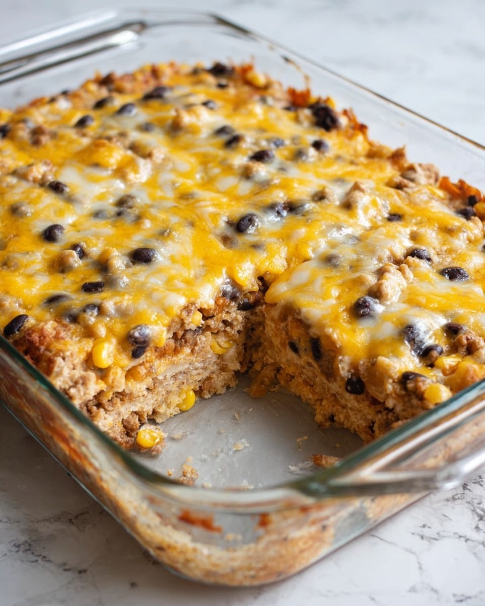 The image shows a clear glass baking dish filled with a layered casserole. The top layer is melted yellow and white cheese with browned spots, mixed with scattered black beans. Below the cheese is a light brown layer mixed with corn and small pieces, likely a cooked meat or protein mixed with sauce. One serving is taken out from the front corner, revealing the layers inside: a base layer of beige crust or cooked grain, a thick light brown mixed middle layer, and the top cheesy layer with beans. The dish is placed on a white marbled surface. Photo taken with an iphone --ar 4:5 --v 7