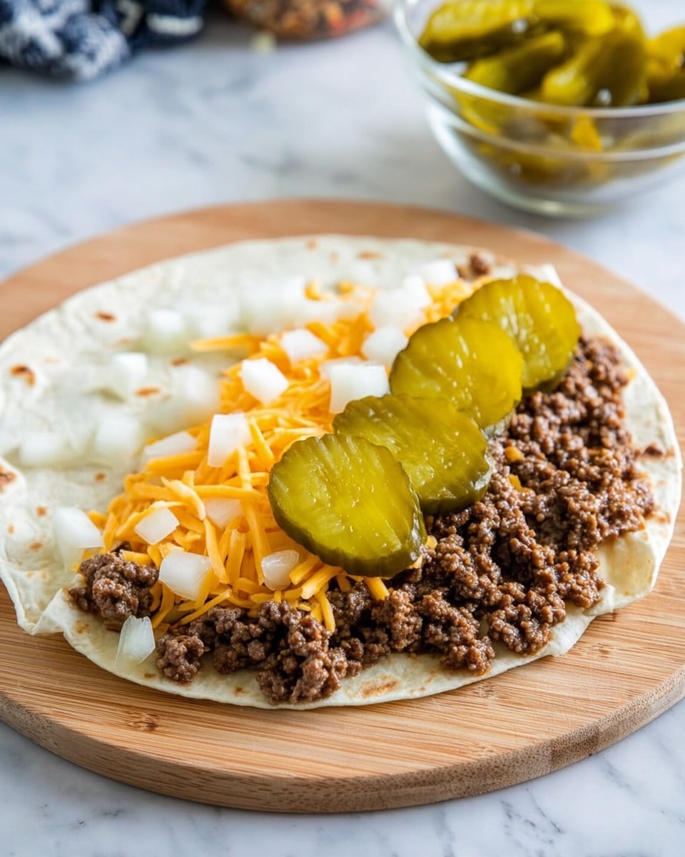 A soft, folded tortilla rests on a wooden board over a white marbled surface, layered first with three slices of bright orange cheddar cheese evenly spread on the bottom half. Next, cooked ground beef with a crumbly, brown texture covers the cheese in a dense layer. On top of the beef, thin pieces of white chopped onion are scattered, with five thick, round green pickle slices placed evenly across the layered ingredients. In the background, a small clear bowl holds extra pickle slices. photo taken with an iphone --ar 4:5 --v 7