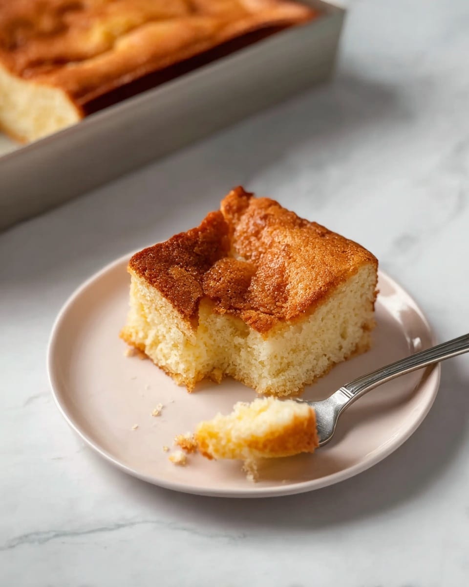 A single square piece of cake sits on a small white plate on a white marbled surface. The cake has two layers: the top layer is golden brown with a slightly cracked texture, and the bottom layer is a pale yellow and soft. A silver fork holds a small bite-sized piece of the cake in front of the slice on the plate. The top edge of the cake is uneven and a little darker than the rest of the top layer. Part of the cake tray with more cake is visible in the upper left corner. Photo taken with an iphone --ar 4:5 --v 7