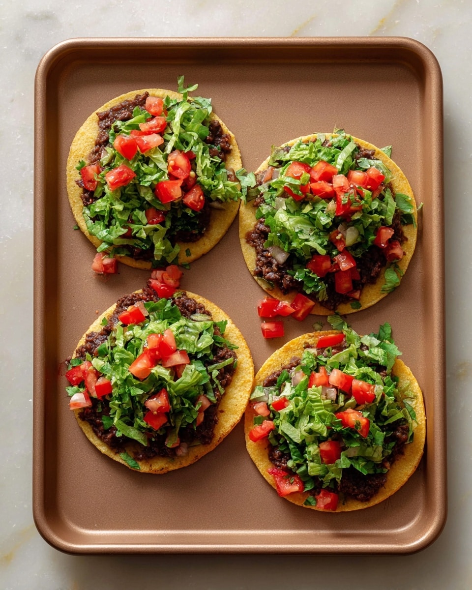 Four small round tostadas are placed on a baking tray with a light brown color. Each tostada has three layers: a crispy golden brown tortilla at the bottom, a spread of dark brown refried beans in the middle, and a topping of fresh chopped green lettuce mixed with small pieces of bright red tomato on top. The background is a white marbled texture. Photo taken with an iphone --ar 4:5 --v 7