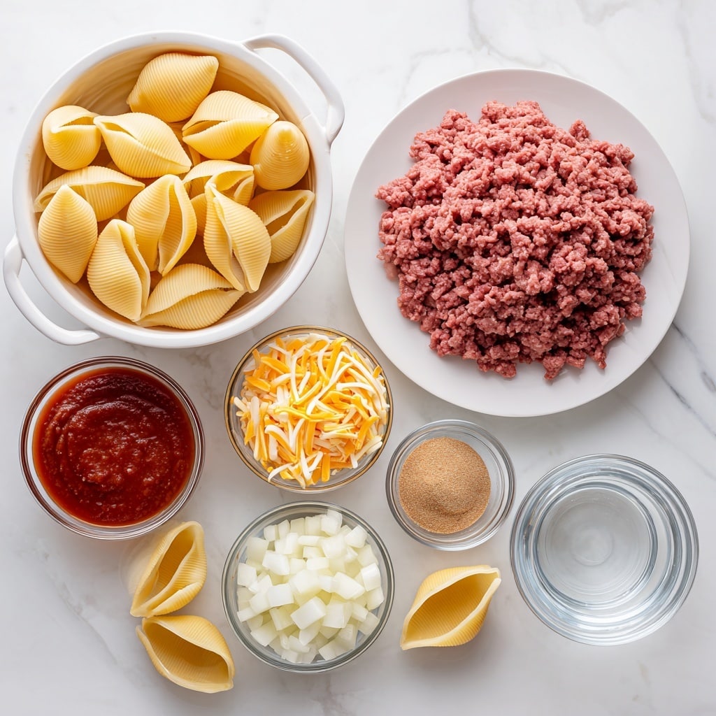 The image shows ingredients for a taco pasta dish arranged on a white marbled surface. At the bottom left, there is a white colander filled with 24 large, pale yellow jumbo pasta shells. Above it, a small white bowl holds shredded Colby Jack cheese with a mix of white and orange hues. To the right, a white plate contains 2 pounds of pinkish-red ground beef in a coarse texture. Beside the beef, there is a small clear bowl with light brown taco seasoning powder. Below it is a clear bowl filled with chunky red salsa. Toward the middle, there is a clear bowl with small white diced onions, and next to it, a tiny clear bowl with a pale textured garlic portion. To the left side, a small glass bowl holds thick red taco sauce. Lastly, at the bottom right, there is a clear glass container with a small amount of clear water. Photo taken with an iphone --ar 4:5 --v 7