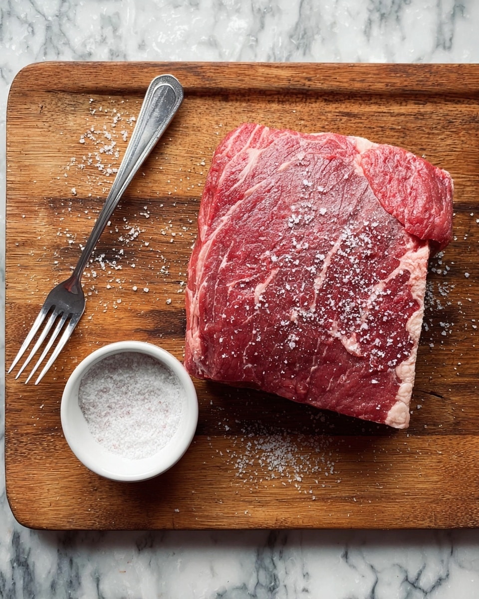 A large piece of raw red meat with white fat marbling on a wooden cutting board. The meat is sprinkled lightly with coarse white salt. Next to the meat is a small white bowl filled with coarse salt and a silver fork resting on the board. The scene is set on a white marbled surface. photo taken with an iphone --ar 4:5 --v 7