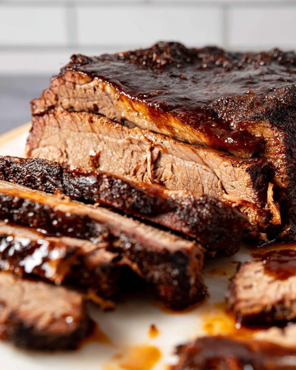 A close-up image of a large piece of cooked beef brisket resting on a white marbled surface. The brisket is thick and has a dark brown, slightly crispy outer layer with some shiny fatty parts near the top. Several slices of the brisket are laid in front, showing a tender, juicy inside with a mix of brown and light pinkish tones. The sliced pieces have a rich, glossy dark sauce coating parts of them, making the texture look moist and flavorful. The background is blurred with a clean white tiled look, enhancing the focus on the brisket. photo taken with an iphone --ar 4:5 --v 7