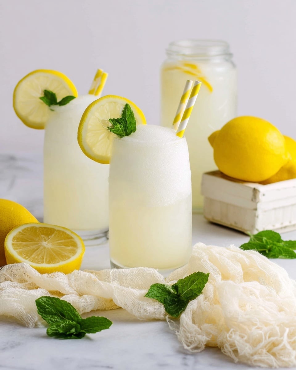 The image shows two glasses filled with a light, icy, white lemon drink that has a soft, frosty texture on top. Each glass has a yellow and white striped straw tucked into the icy drink, and a thin lemon slice perched on the rim along with a small fresh green mint leaf. Behind the glasses, there is a white jar with a lemon slice on its edge, holding more of the pale lemon drink. On the flat white marbled surface, there is half a lemon surrounded by green mint leaves. To the right, there is a small white crate holding two whole bright yellow lemons. A soft, light cream-colored cloth is loosely spread below the glasses, straws, and mint leaves, adding a gentle texture to the scene. Photo taken with an iphone --ar 4:5 --v 7