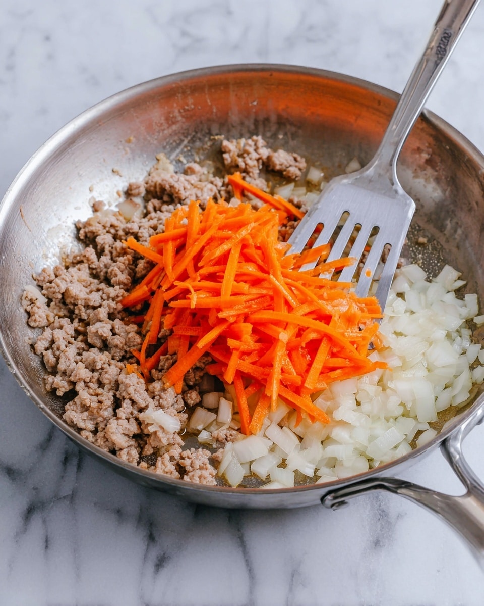 A close-up view of a shiny metal frying pan showing three main layers of food being cooked: finely chopped white onions on the right side, cooked ground meat with a light brown color on the left side, and bright orange thin carrot strips piled in the center. A flat silver spatula is pressing down on the carrots and meat, with its handle extending out of the pan. The pan rests on a white marbled surface. photo taken with an iphone --ar 4:5 --v 7