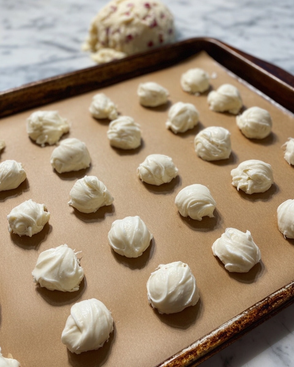The image shows a baking tray lined with brown parchment paper on a white marbled surface. On the parchment paper, there are five rows of small, round dollops of white creamy dough, evenly spaced and sitting close together. Each dollop has a smooth, slightly glossy texture with soft wrinkles and peaks, giving a sense of a light, whipped mixture. In the background, there is a larger scoop of dough with visible red bits, slightly out of focus on the tray. The baking tray has a worn, dark metal edge that contrasts with the light colors of the dough and paper. photo taken with an iphone --ar 4:5 --v 7