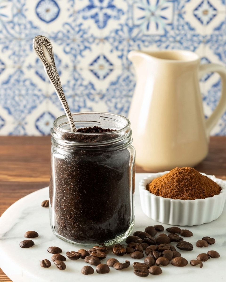 A clear glass jar filled to the top with dark brown coffee grounds sits on a white marbled surface, surrounded by scattered whole coffee beans. A silver spoon with a detailed handle rests inside the jar. To the right, a small white fluted dish holds a heap of light brown ground cinnamon. Behind both, there is a white creamer jug containing a light beige liquid. The background is a wooden surface in front of a wall with blue and white tile patterns. photo taken with an iphone --ar 4:5 --v 7