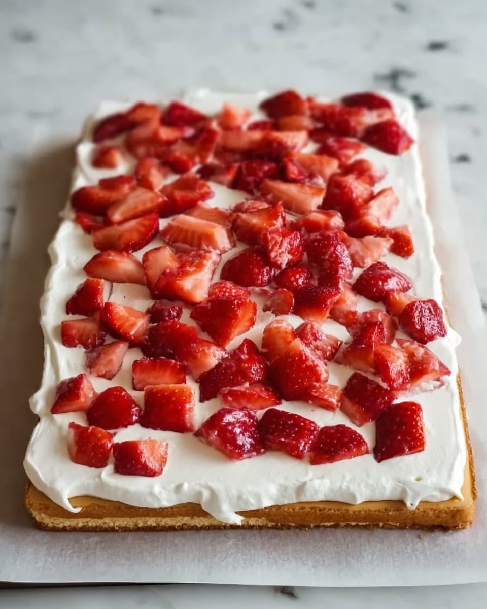 A rectangular dessert with three layers is shown on a white marbled surface. The bottom layer is a golden brown crust with slightly darker edges, firm and flat. The middle layer is a smooth, thick spread of white cream evenly covering the crust. The top layer is made up of many small pieces of bright red strawberries scattered all over the white cream, with some pieces showing the inner lighter pink and seeds. The dessert is set on white parchment paper with a soft light highlighting the fresh colors. Photo taken with an iphone --ar 4:5 --v 7