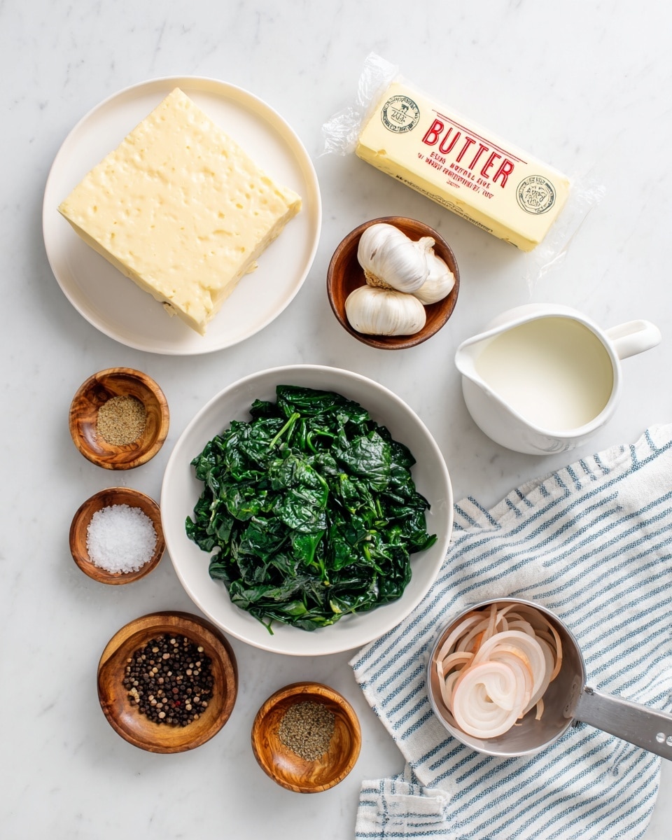 The image shows a flat lay of cooking ingredients arranged on a white marbled surface. In the middle is a white bowl filled with cooked dark green spinach leaves. On the top left, a white plate holds a large block of pale yellow cheese with a slightly rough texture. Next to it, there is a small wooden bowl with three whole garlic cloves. At the top center is a wrapped stick of yellow unsalted butter with red text, and to its right is a small white pitcher filled with a white liquid. Below the butter, on the right side, another small wooden bowl contains a fine brown powder. At the bottom left, two small wooden bowls hold coarse white salt and whole black peppercorns, respectively. In the bottom right corner, a metal measuring cup filled with thinly sliced light pink onions rests on a white and blue striped cloth. The photo taken with an iphone --ar 4:5 --v 7