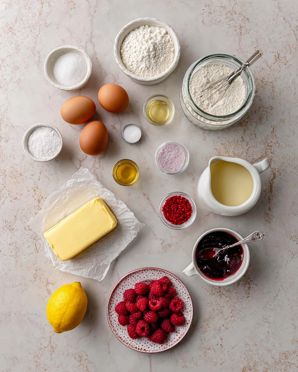 The image shows various baking ingredients arranged neatly on a white marbled surface. In the center is a yellow stick of butter on a small piece of parchment paper. Around it are several white bowls and small dishes holding different ingredients: three brown eggs in a small white bowl; a clear glass jar with white flour and a silver spoon inside; a white bowl with white powder; a small white bowl with salt; another small bowl with a light purple powder; a small bowl holding golden liquid; a small clear glass pitcher with cream; a small bowl with a dark red jam and a spoon; a white plate holding bright red raspberries and a halved yellow lemon; and a bowl with small, bright red granules. The ingredients are spaced evenly, showing a clear, clean, and organized layout. The photo taken with an iphone --ar 4:5 --v 7