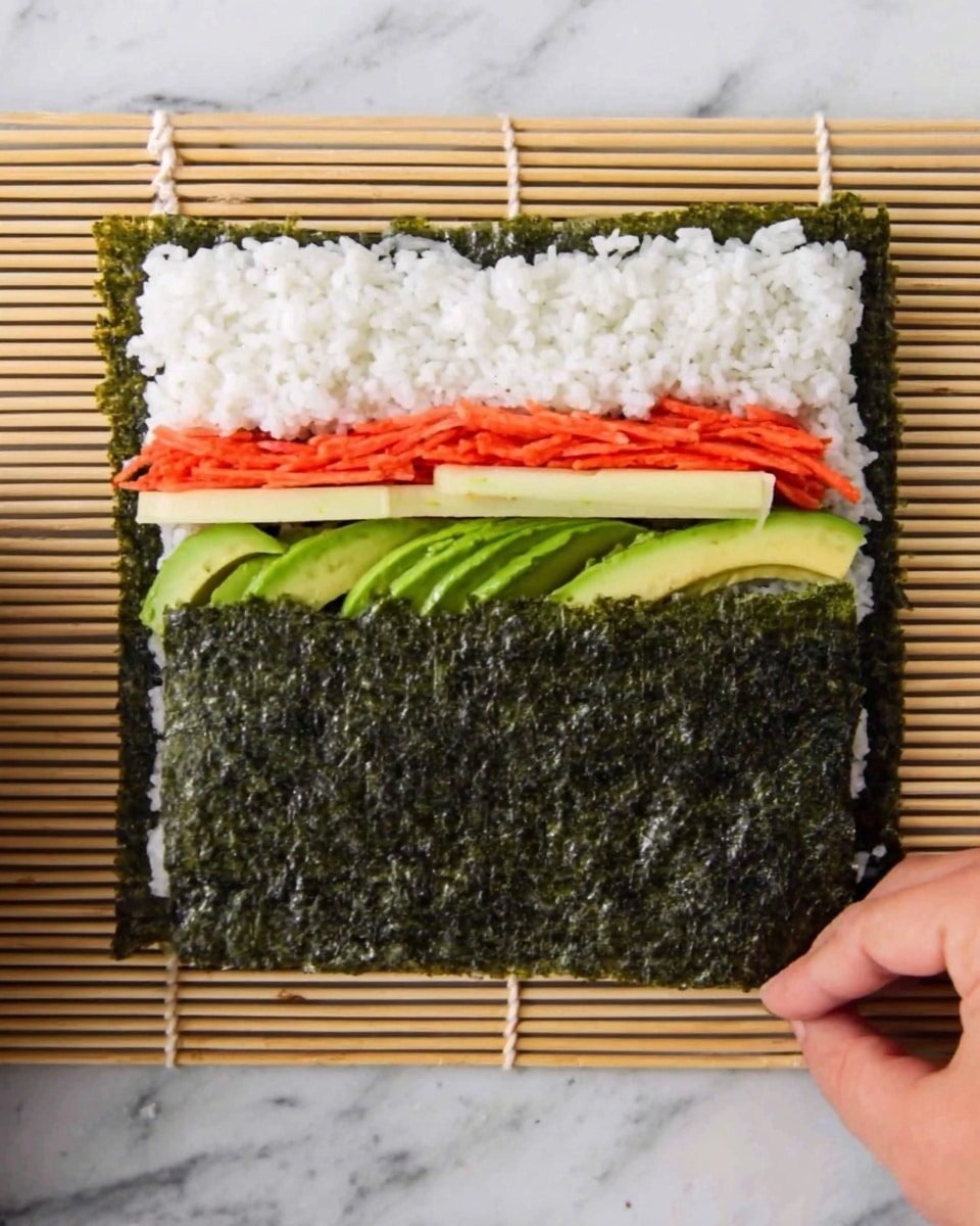 A close-up of a sushi roll being made on a bamboo mat placed on a white marbled surface, showing one woman's hand holding the edge of a square dark green nori seaweed sheet. On top of the nori, there is a layer of white rice spread evenly, with three layers of fillings arranged near the bottom edge: bright red-orange crab sticks at the top, thin pale yellow slices beneath them, and green avocado slices at the bottom. The bamboo mat's light wooden slats frame the sushi roll, capturing the moment just before rolling. Photo taken with an iphone --ar 4:5 --v 7