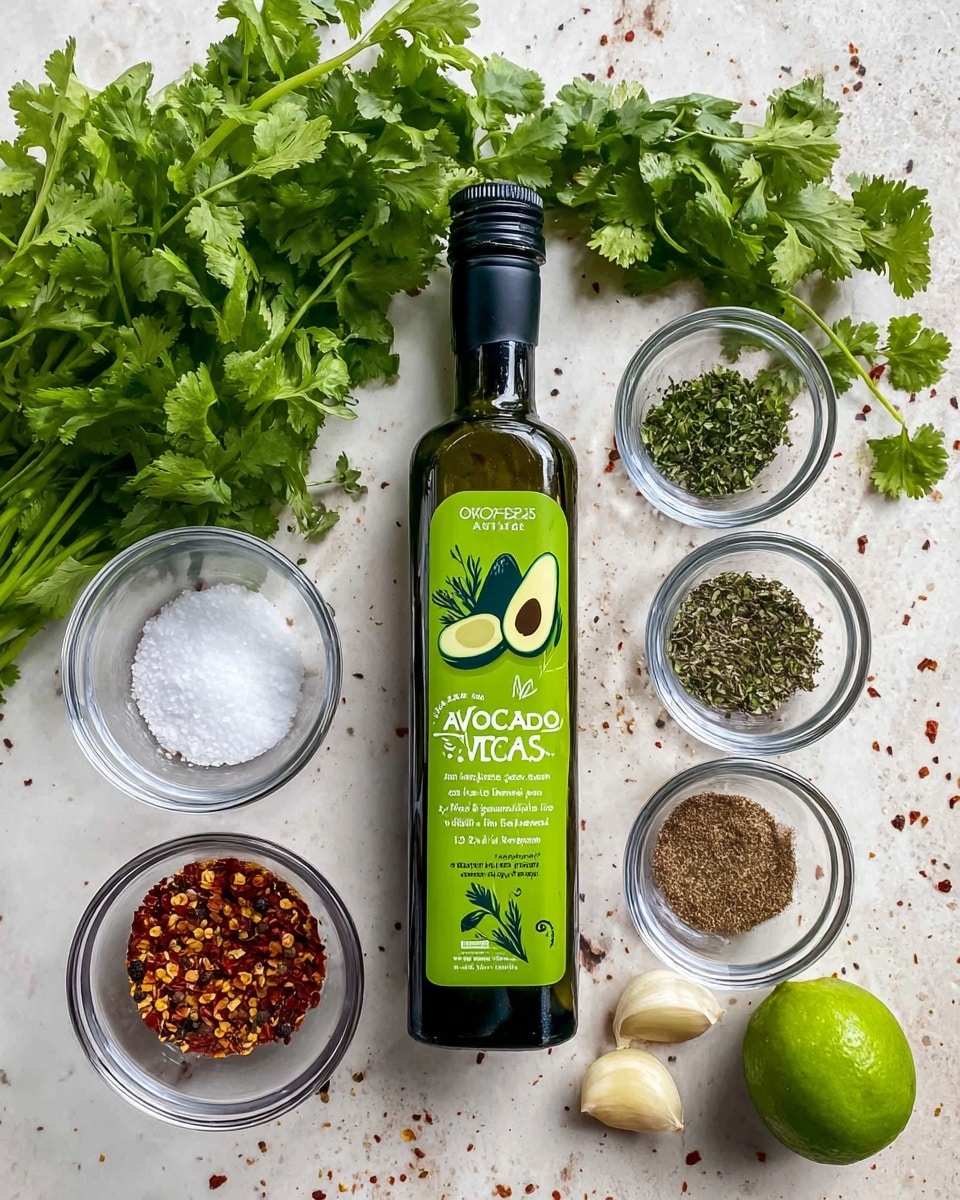 A bunch of fresh green cilantro with textured leaves is placed on the left side. In the middle stands a tall dark green bottle of avocado oil with a bright green label showing an avocado graphic. Around the bottle are five small clear glass bowls arranged in a neat pattern: one with coarse salt in a white bowl at bottom left, one with red pepper flakes top right, another with dried herbs below it, a third with ground brown spice to the right, and the last holding two garlic cloves bottom right. A whole bright green lime is positioned near the top right side. All items rest on a white marbled surface that gives a clean look. photo taken with an iphone --ar 4:5 --v 7