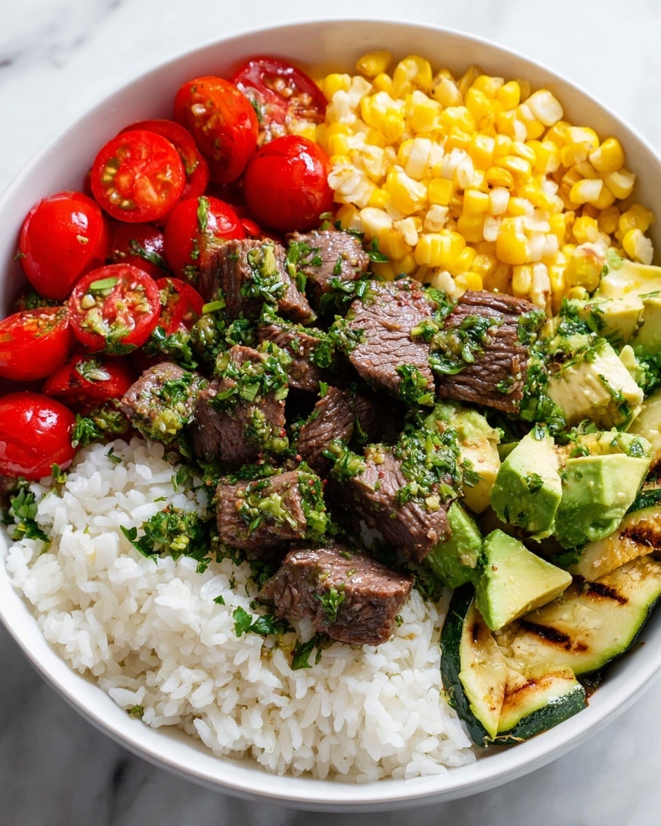 A white bowl with six layers arranged side by side: bright red cherry tomatoes halved on the upper left, yellow grilled corn below the tomatoes, green chopped avocado pieces above, white steamed rice on the right side, lightly browned grilled zucchini slices below the rice, and in the center, medium-sized grilled beef pieces topped with green chopped herbs and a drizzle of sauce. The bowl is set on a white marbled surface. photo taken with an iphone --ar 4:5 --v 7