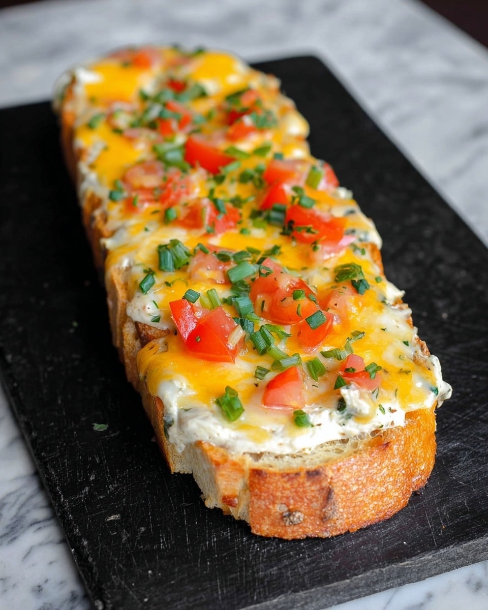 The image shows a long toasted white bread slice topped with multiple layers. The base layer is creamy white spread unevenly across the bread. Above it is a melted bright yellow cheese layer that covers the bread mostly but looks soft and slightly stringy. Scattered on top are small chunks of fresh red tomatoes and finely chopped green herbs and green onions that add color contrast. The bread is placed on a textured black board, set against a white marbled background. The photo taken with an iphone --ar 4:5 --v 7