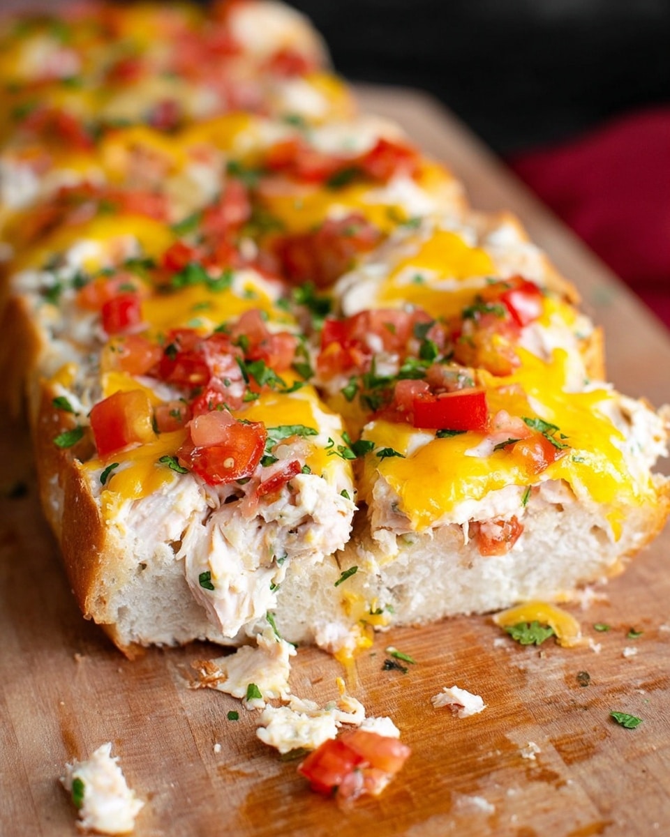 The dish shows a sliced long bread base with three main layers: the bottom is the light, crusty bread, the middle layer is creamy white chicken salad, and the top layer is melted yellow cheddar cheese with diced red tomatoes and green chopped herbs scattered across. The bread is served on a wooden board with a few crumbs around. The focus is on the nearest slices with a soft blur on the far end. The lighting highlights the shiny melted cheese and fresh toppings. photo taken with an iphone --ar 4:5 --v 7