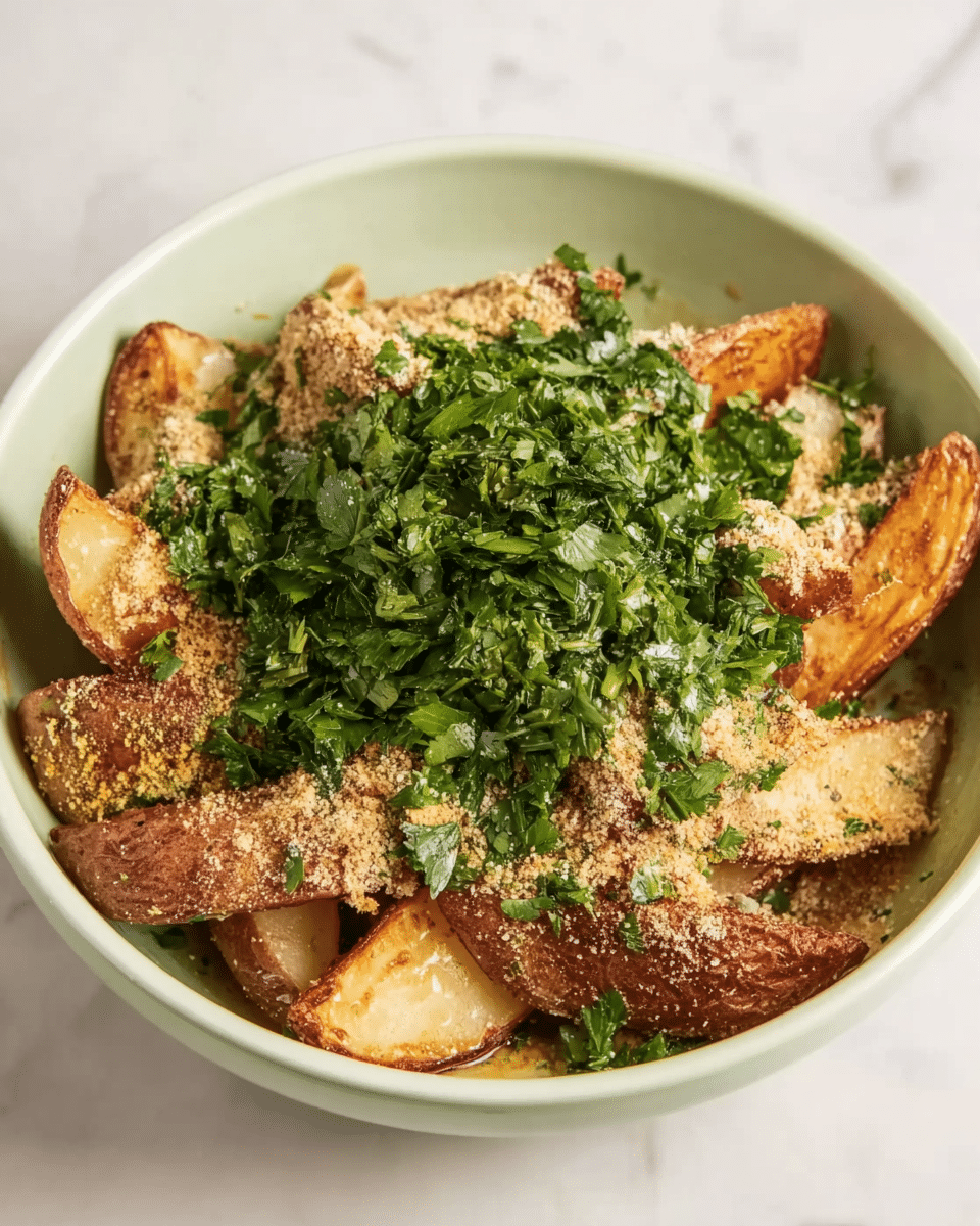 A white bowl sits on a white marbled surface, filled with thick slices of roasted potato wedges that have a golden brown color and crispy texture. On top of the potatoes, there is a layer of light beige breadcrumbs sprinkled evenly. Above the breadcrumbs, a generous pile of fresh, bright green chopped herbs, mostly parsley, covers the center of the dish. The overall look is warm and fresh with a mix of crispy, soft, and leafy textures. Photo taken with an iphone --ar 4:5 --v 7