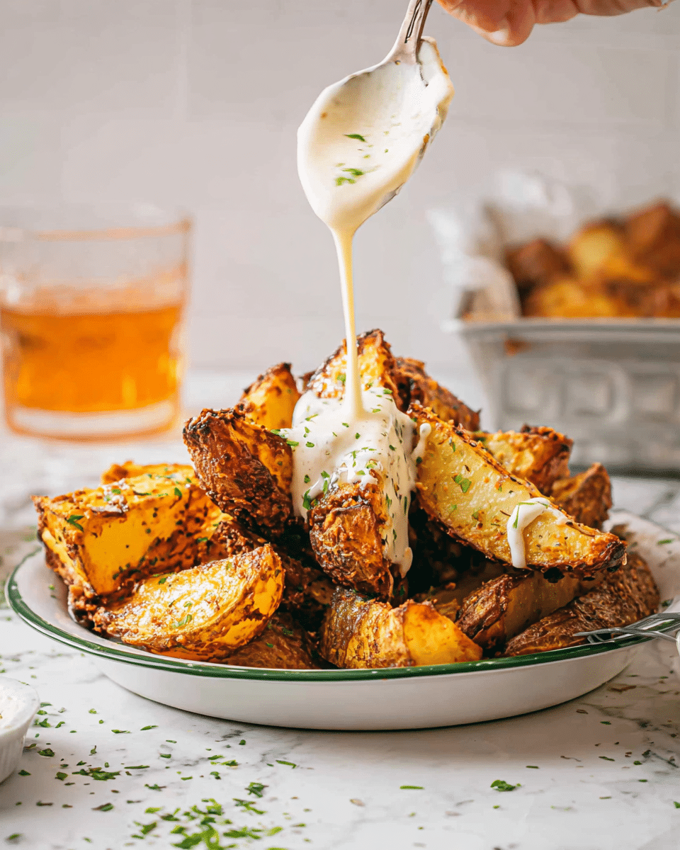 A white plate holds a pile of thick, golden brown roasted potato wedges with a rough, crispy texture and specks of green herbs on top. A woman's hand is seen pouring a creamy white sauce from a spoon over the potato wedges, the sauce flowing in smooth ribbons down the sides. The plate sits on a white marbled surface lightly sprinkled with green herbs. In the background, there is a glass of amber-colored drink and a blurred view of more potatoes in a container. photo taken with an iphone --ar 4:5 --v 7