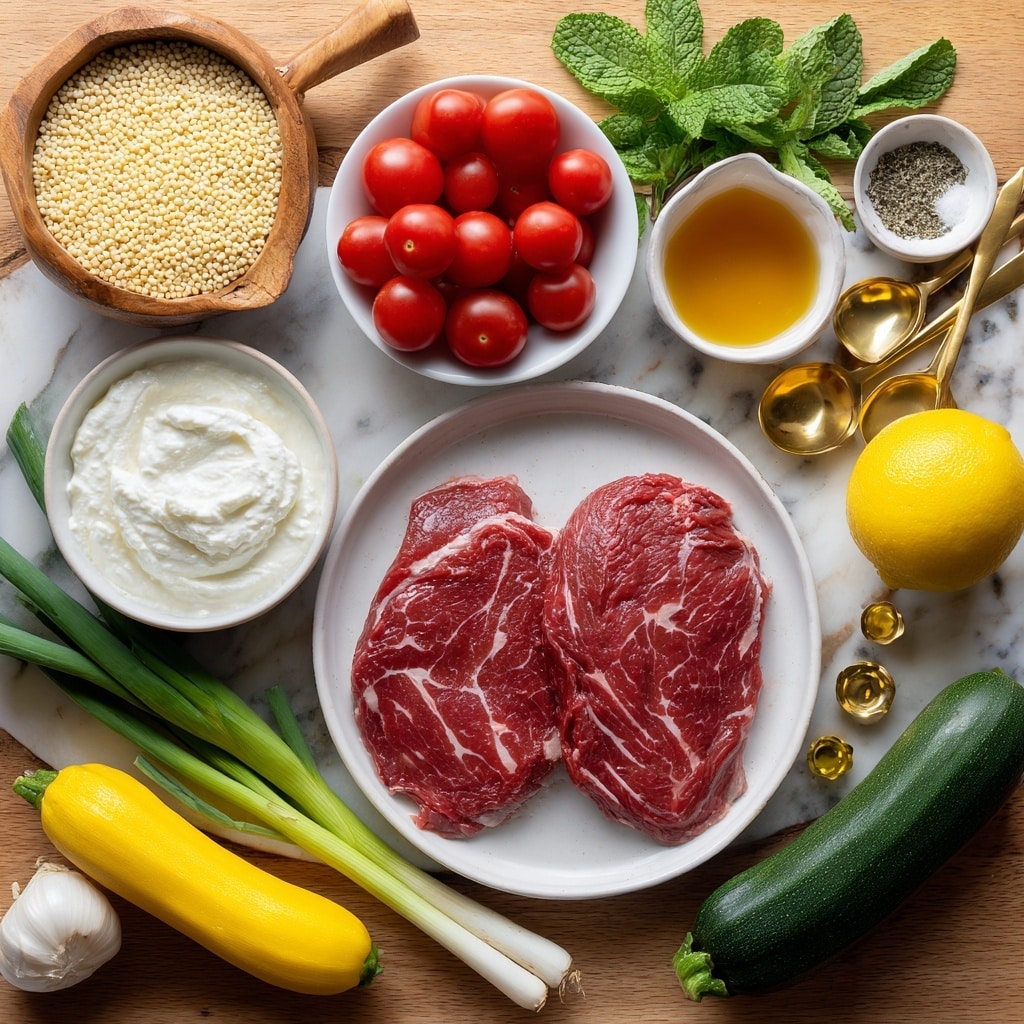 The image shows a flat lay of fresh cooking ingredients arranged neatly on a warm wooden surface. In the center, two raw red flank steak slices lay flat inside a white round plate, showing a smooth texture with white fat lines. Above the steak, a small white bowl is filled with bright red round cherry tomatoes, next to a whole yellow lemon. To the left of the lemon, a white bowl holds thick white Greek yogurt, and under it, a wooden measuring cup is full of light beige Israeli couscous with a slightly grainy texture. Below the couscous, a transparent jug contains amber-colored vegetable broth. On the bottom right corner, a smooth dark green zucchini and a yellow squash are placed side by side. Nearby, three fresh green onions with white bulbs and long green tops lie diagonally. On the left side, a small white bowl contains minced garlic with a soft, creamy texture, accompanied by a small bunch of fresh green mint leaves. Several gold measuring spoons filled with olive oil, honey, salt, and pepper are scattered around the setup. A smooth, round red onion is placed near the top right. The background is changed to a white marbled texture, giving a clean and light look. Photo taken with an iphone --ar 4:5 --v 7