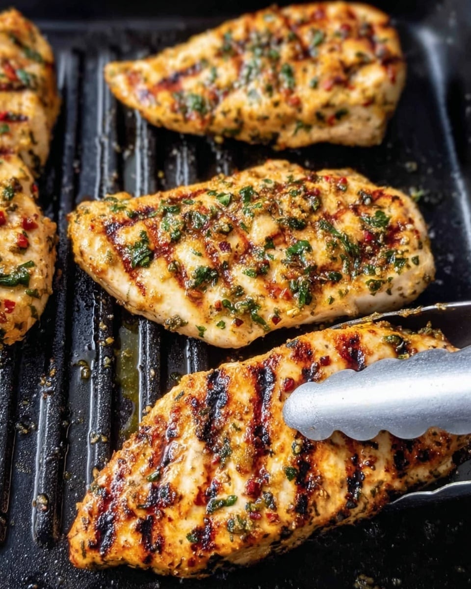Four pieces of grilled chicken with visible grill marks are placed on a black grill pan. Each piece is covered with a mix of herbs and small bits of red and green seasoning, giving a textured and colorful look to the golden-brown chicken. A pair of metal tongs is holding the chicken piece at the bottom right corner, adding a slight shine to the surface. The grill has defined parallel lines and small droplets of oil or juices can be seen around the pieces, enhancing the fresh and cooked feel of the dish. photo taken with an iphone --ar 4:5 --v 7