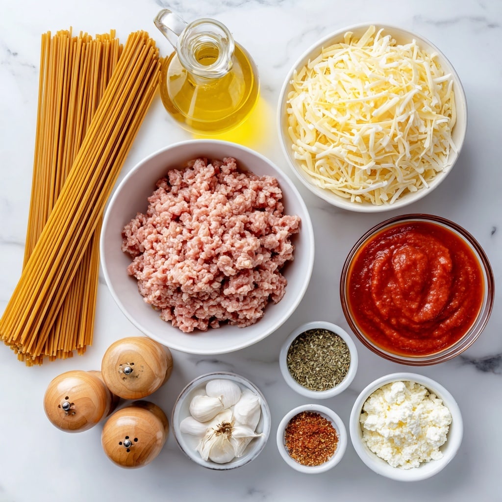 The image shows several cooking ingredients arranged on a white marbled surface. In the center, there is a white bowl filled with light pink ground turkey with a soft texture. To its left, a bundle of uncooked brown spaghetti strands lay flat. Above the spaghetti, a white bowl holds shredded mozzarella cheese with a soft, curly texture in a pale yellow color. To the right of the mozzarella, a clear glass bowl contains smooth, rich red pasta sauce. Below the ground turkey, there are two wooden shakers labeled salt and pepper, a clove of garlic with papery skin, and a whole onion with a brown, dry outer layer. Other small white bowls hold cottage cheese, a grainy white layer of ground Parmesan, finely mixed Italian seasoning with green flecks, and bright red smoked paprika. In the middle, behind the spaghetti, there is a small glass bottle of golden olive oil. The ingredients are spread out neatly, each with clear texture and color differences, all set on the white marbled surface photo taken with an iphone --ar 4:5 --v 7