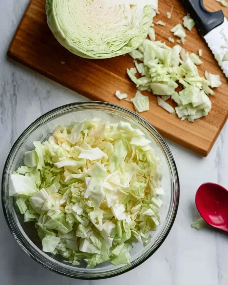 The image shows a clear glass bowl filled with roughly chopped pale green and white cabbage pieces. The bowl is placed on a white marbled surface next to a wooden cutting board. On the cutting board, there are more chopped cabbage pieces and a black-handled knife. Half of a cabbage head with light green outer leaves and a white center is visible in the upper part of the image. A bright red spoon rests on the right side of the bowl. The photo taken with an iphone --ar 4:5 --v 7