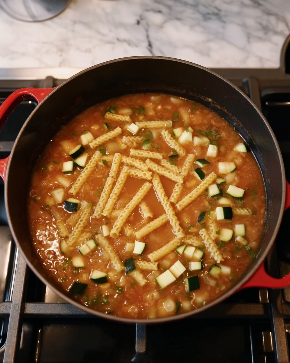 A black pot with two red handles filled with a soup base that has a light brownish-red color. Inside the soup are small white cubes and green pieces of zucchini spread evenly around the pot. In the center are several long, yellow, ridged pasta pieces floating on top. The pot sits on a stove with a white marbled surface visible on the left side. The photo taken with an iphone --ar 4:5 --v 7