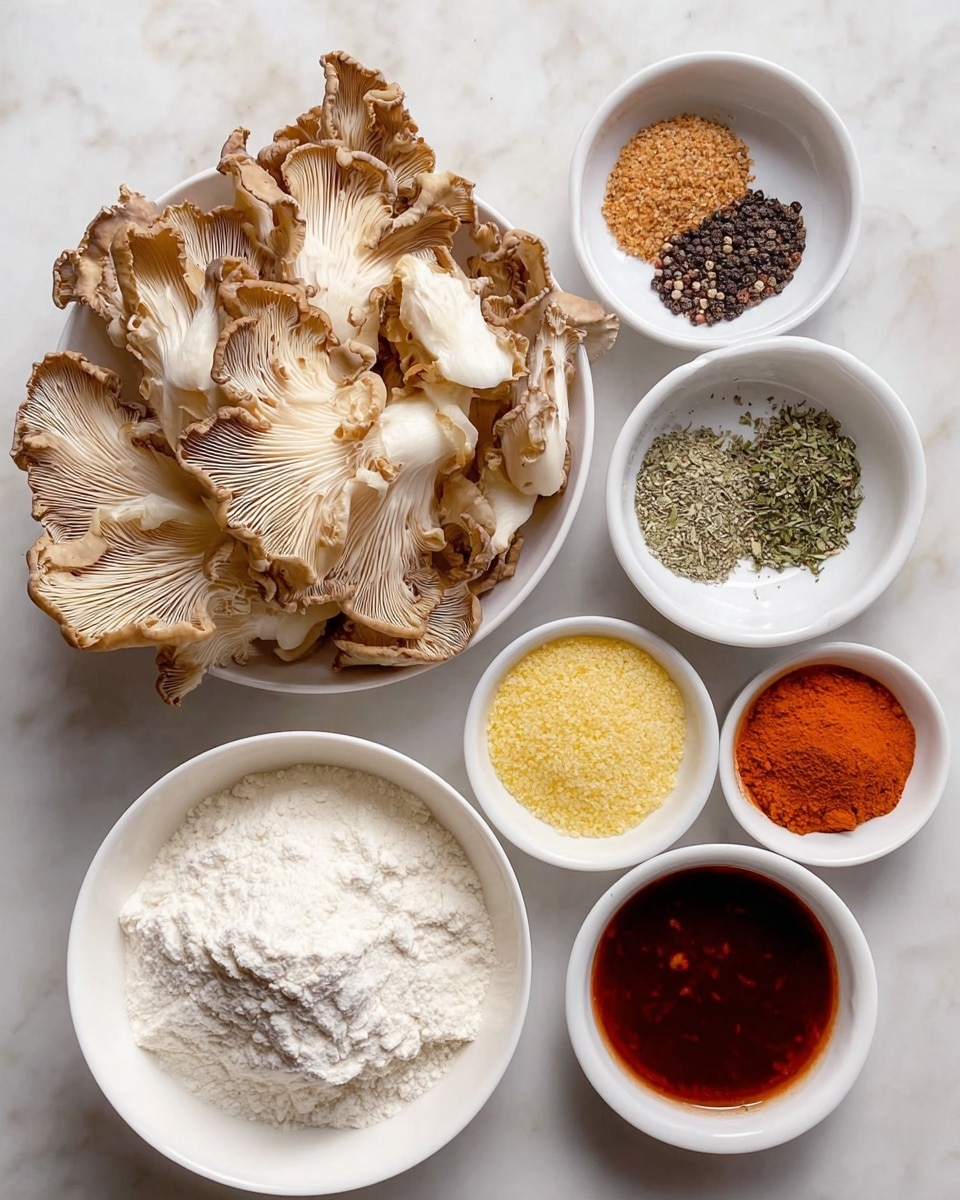 The image shows six white bowls placed on a white marbled surface. The largest white bowl at the bottom left is full of pale cream oyster mushrooms with brown edges and soft, textured caps. Above it, there is a medium-sized white bowl filled with white flour. On the top right, another white bowl is divided into three sections, holding dried spices: green herbs, black peppercorns, and bright orange powder. Below this, a smaller white bowl holds fine, yellow cornmeal. To the right and below it, two small white bowls contain glossy dark reddish-brown sauces with smooth textures. photo taken with an iphone --ar 4:5 --v 7