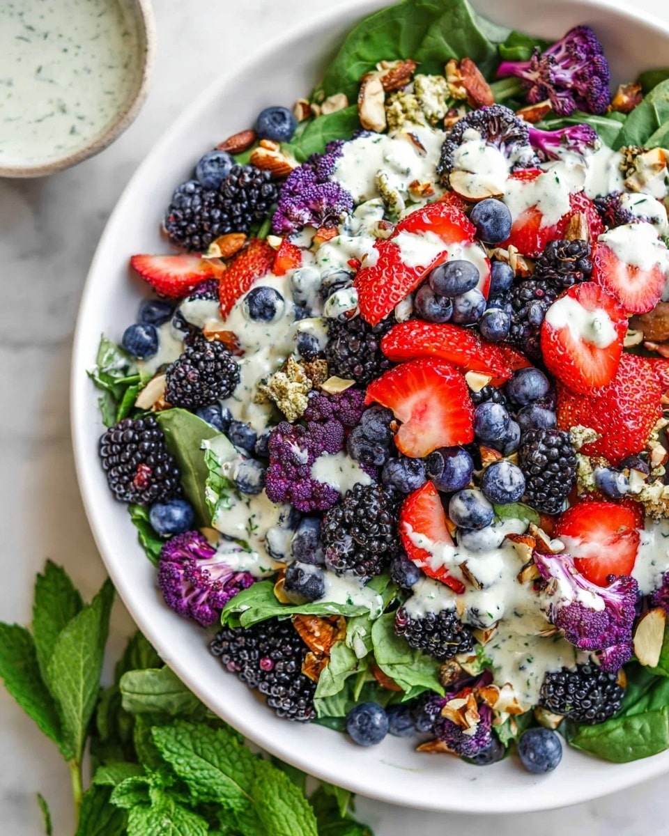 A large white bowl filled with a colorful salad, starting with a base layer of fresh green spinach and kale leaves. On top, there is a mix of bright red strawberry slices, deep blue blueberries, and dark purple blackberries. Scattered throughout are small pieces of purple cauliflower and a variety of toasted nuts and seeds adding texture. The salad is drizzled with a creamy white dressing speckled with herbs, creating a light contrast against the vivid fruits and greens. The bowl sits on a white marbled surface, with fresh green mint leaves placed beside it for extra color and freshness. Photo taken with an iphone --ar 4:5 --v 7