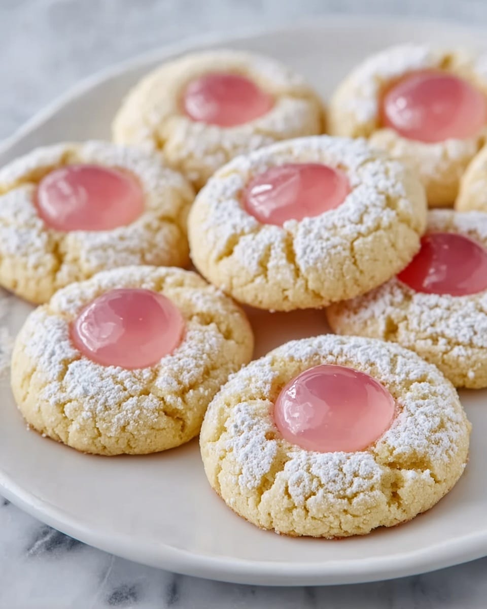 The image shows a white oval plate with seven round cookies arranged closely together. Each cookie has a pale yellow, slightly cracked base with a soft, crumbly texture. Around the edges of each cookie is a dusting of white powdered sugar, creating a delicate border. In the center of each cookie is a smooth, shiny pink dollop of jelly or glaze, which is slightly raised and glossy. The plate is set on a white marbled surface, and the overall look is clean and bright with soft natural light. photo taken with an iphone --ar 4:5 --v 7