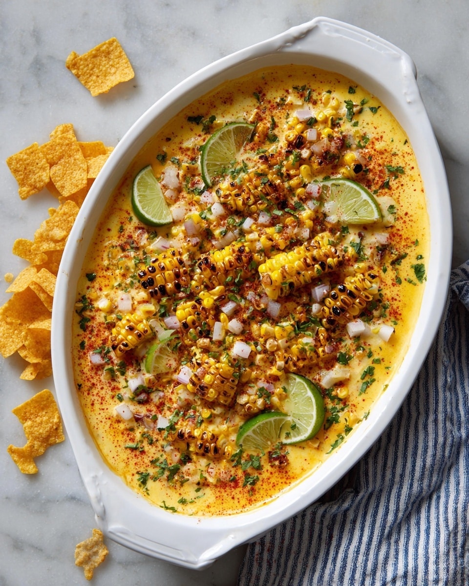 The dish is served in a white oval baking dish placed on a white marbled surface, with a blue and white striped cloth to the right edge. It has a smooth, creamy yellow base layer topped with small pieces of grilled corn with charred marks, finely chopped white onion, and green herbs scattered evenly across the surface. There are three lime wedges placed around the edge, and the top is sprinkled with red chili powder for a touch of color. On one side inside the dish, there are golden, crunchy corn snack pieces partially resting on the creamy base and spilling outside the dish. The overall look is colorful and fresh with textures of creamy, crisp, and charred elements. Photo taken with an iphone --ar 4:5 --v 7