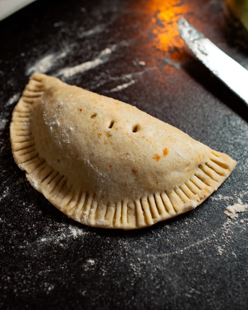 The image shows one semicircle-shaped uncooked pastry with a light beige dough textured with small specks of orange and darker spots, the edges are pressed down with fork marks to seal it. Small holes are made in the center of the pastry top for ventilation. The pastry rests on a dark surface that has some flour dust scattered around and a slight warm light reflection. To the upper right, there's a silver fork with a white handle lying flat. Photo taken with an iphone --ar 4:5 --v 7