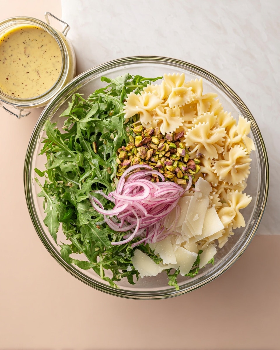 A clear glass bowl filled with four main layers: a base layer of fresh green arugula leaves, a layer of light cream-colored bowtie pasta placed on top and to one side, a small mound of thinly sliced bright pink onions positioned above the pasta, and a scattering of chopped golden brown pistachios in the center. There are also irregular white shavings of cheese near the onions. Next to the bowl is a clear glass jar holding a creamy yellow dressing with visible small black specks. All items are placed on a white marbled surface. Photo taken with an iphone --ar 4:5 --v 7