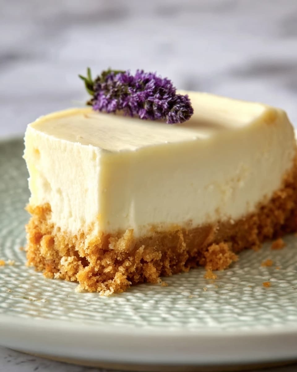 A close-up of a single slice of cheesecake with two main layers: a thick, creamy off-white top layer with a smooth texture and a golden brown crumbly crust on the bottom, slightly uneven and textured. The cheesecake slice is on a textured white plate with a subtle pattern. On top of the cheesecake, there is a small purple flower garnish. The background is a white marbled surface. Photo taken with an iphone --ar 4:5 --v 7