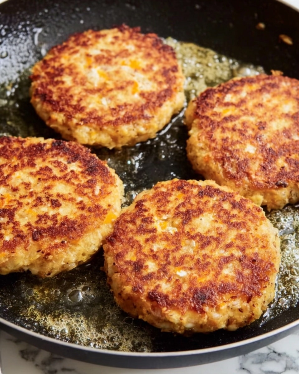 There are four round, golden-brown patties cooking in a black pan with a slightly shiny texture from oil. Each patty has a crisp, uneven surface with some lighter and darker browned spots, showing a rough texture with small bits of lighter ingredients mixed in. The patties have a slightly thick look and are touching each other with a few small pieces of food around them in the pan. The background is a close-up of the pan's dark surface, highlighting the cooked texture of the patties. photo taken with an iphone --ar 4:5 --v 7