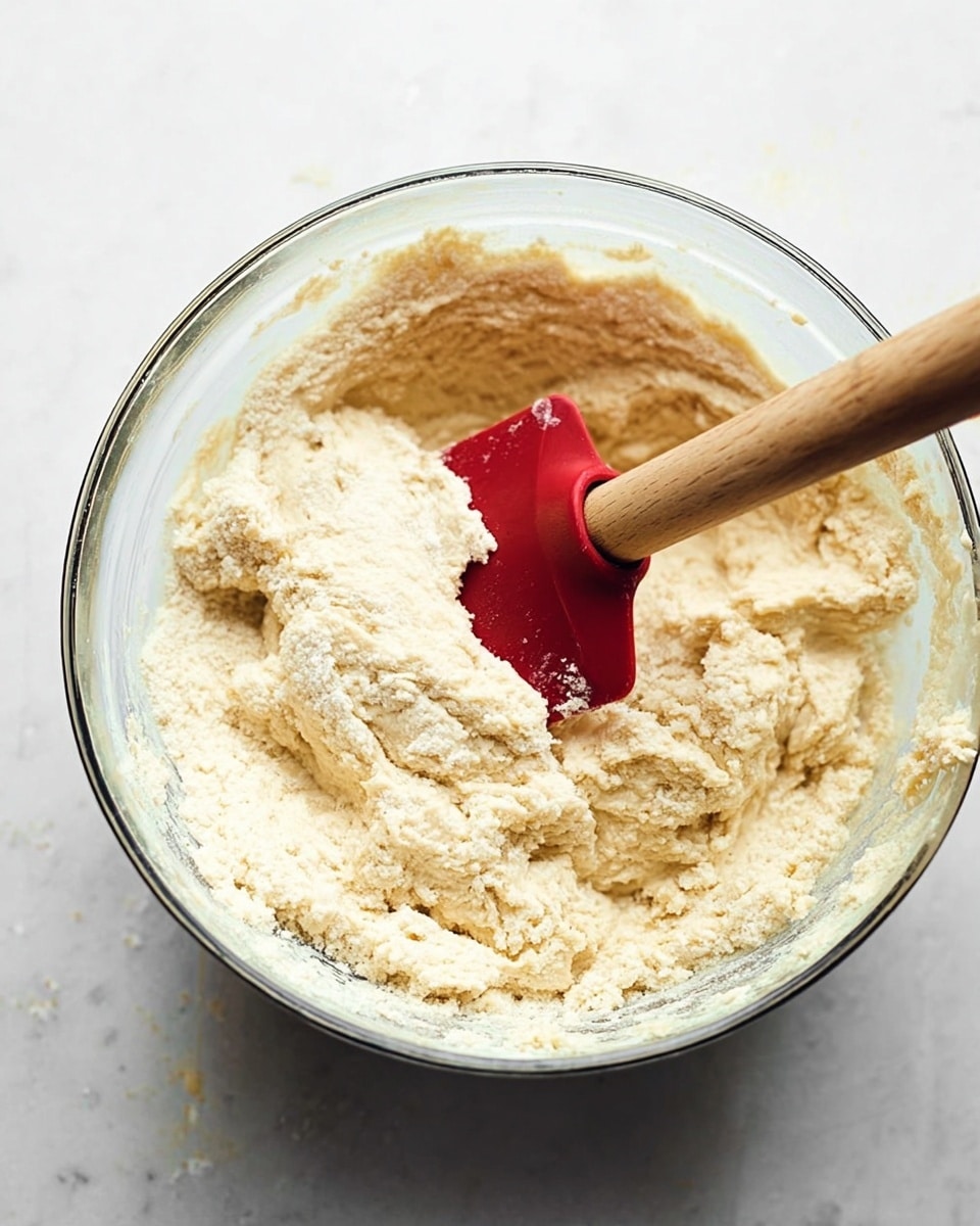 A clear glass bowl filled with a thick, creamy, pale beige batter with a slightly grainy texture. A red spatula with a wooden handle is partially dipped into the batter, resting against the side of the bowl. The bowl sits on a white marbled surface, and light softens the scene from above, highlighting the batter’s dense and smooth mix. Photo taken with an iphone --ar 4:5 --v 7