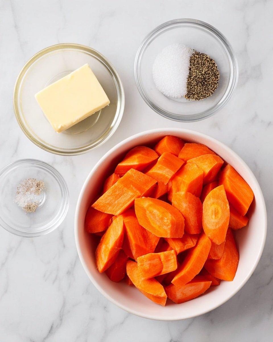 A white bowl filled with bright orange carrot pieces, cut into thick chunks of varying shapes. To the left of the bowl, there are two small clear glass bowls placed on a white marbled surface. One bowl contains a square piece of butter, while the other bowl holds small piles of salt and black pepper side by side. The setup is simple and clean with a bright, natural light. Photo taken with an iphone --ar 4:5 --v 7