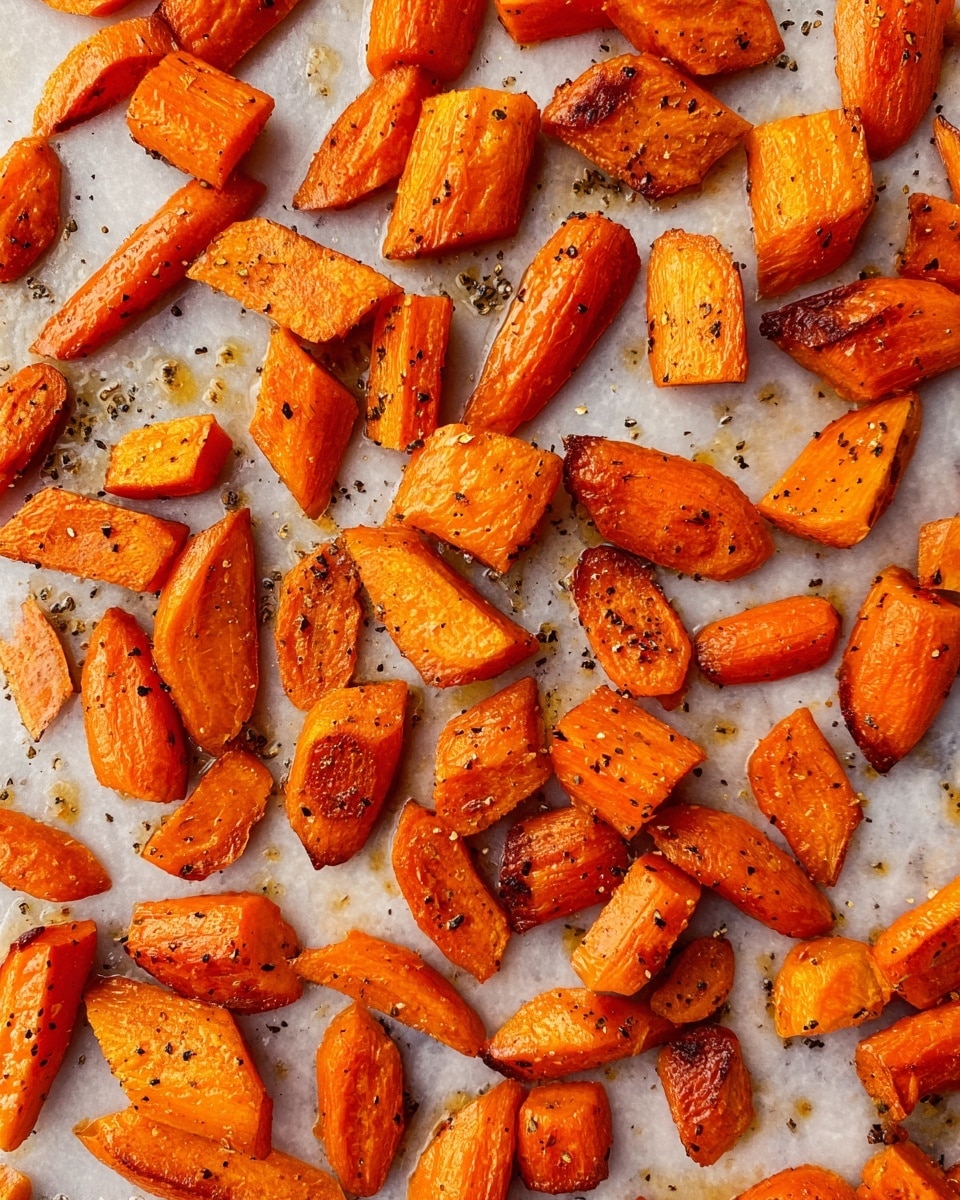 The image shows a close-up of many roasted carrot pieces spread out on a white marbled surface. The carrots are cut into different shapes, including small chunks and elongated pieces, with a bright orange color and some parts browned from roasting. The surface underneath has some black pepper sprinkled around and slight golden spots from cooked oils. The overall look is warm and textured, with the carrot pieces arranged evenly but casually on the surface. photo taken with an iphone --ar 4:5 --v 7