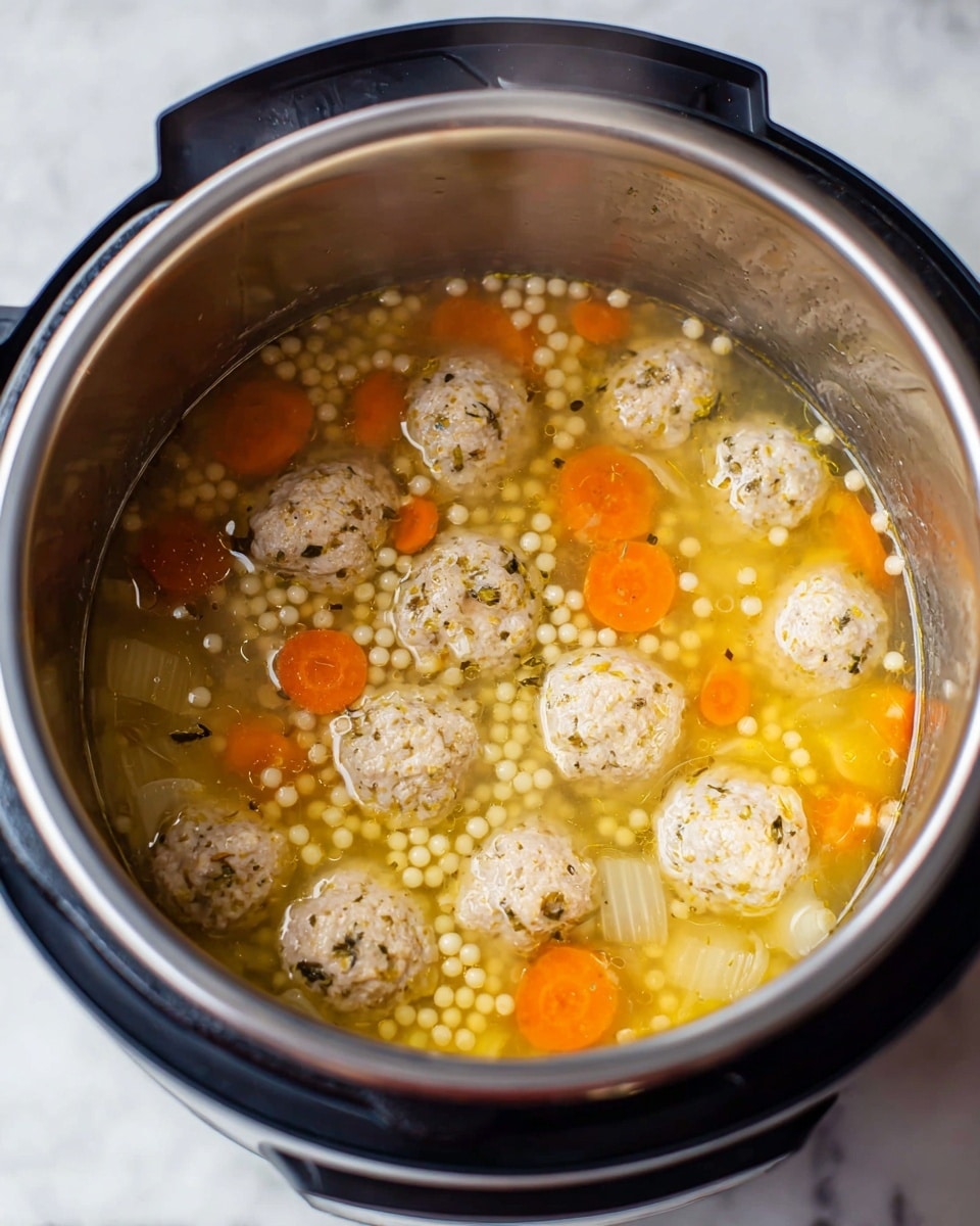 A close-up view of an Instant Pot filled with a soup containing four main layers: the bottom layer is a light yellow broth with small round pasta pearls scattered throughout; above that are bright orange carrot slices and translucent onion pieces floating in the broth; the next layer consists of light beige meatballs with specks of herbs and small bits of orange vegetable, evenly spaced around the pot; steam rises gently from the soup, showing it is hot, with the pot sitting on a white marbled surface. Photo taken with an iphone --ar 4:5 --v 7