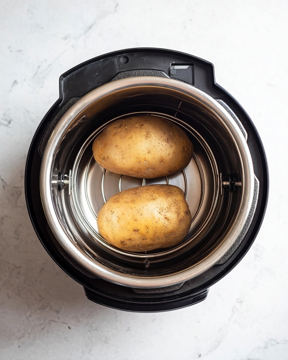 Inside a black electric cooker with a shiny silver inner pot, there are two whole brown potatoes sitting on a metal rack that lifts them above the bottom of the pot. The potatoes have a slightly rough skin with a few light cracks. The cooker is placed on a white marbled surface, which adds a clean and bright background to the setup. The scene is viewed from above, showing the round shape of the cooker and the texture of the potatoes clearly photo taken with an iphone --ar 4:5 --v 7